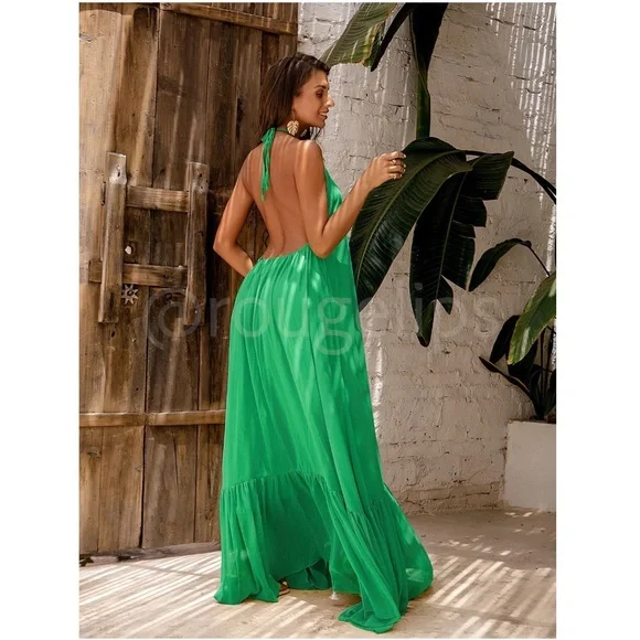 Green Flowy Halter Cutout Maxi Flared Dress Backless Open Back - Picture 7 of 8